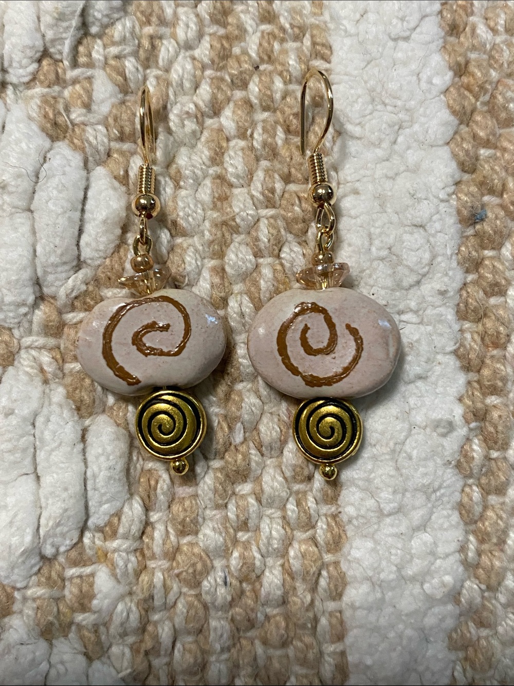 Gold Spiral Beige Stone Drop Earrings - Women Jewelry